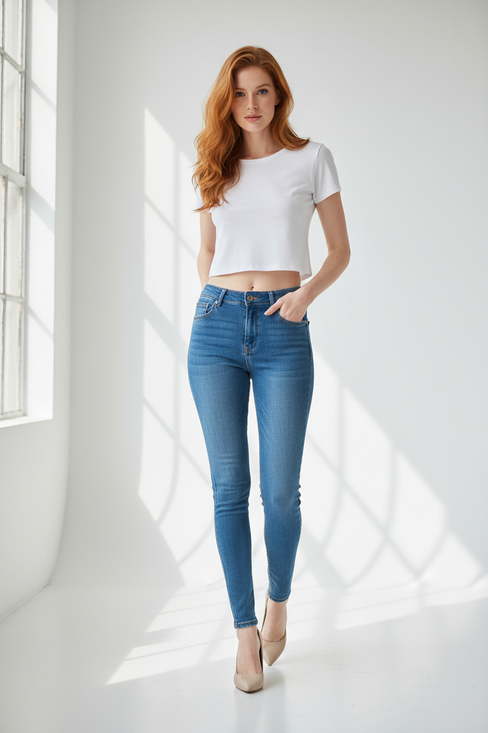 Woman wearing Women's Blue Stretch Skinny Jeans