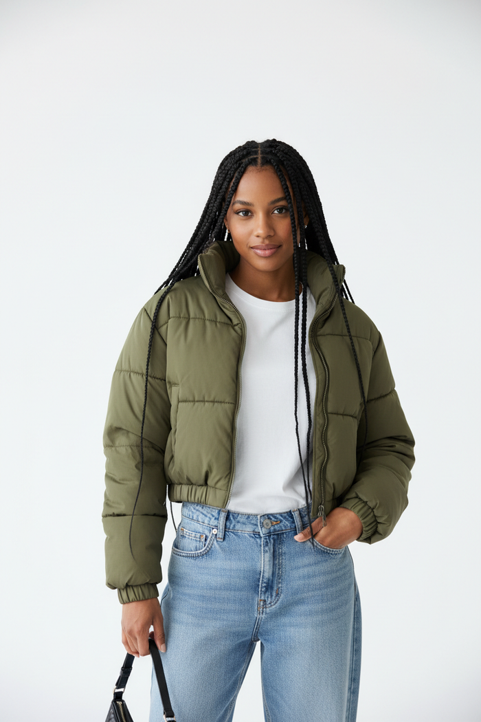Woman wearing Women's Cropped Puffer Jacket in olive green