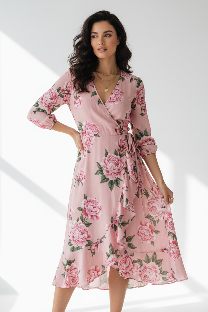Woman wearing Women's Floral Wrap Midi Dress
