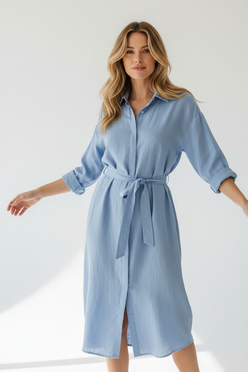 Woman wearing Women's Light Blue Linen Shirt Dress