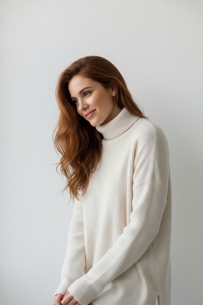 Woman wearing Women's Ribbed Turtleneck Sweater in cream