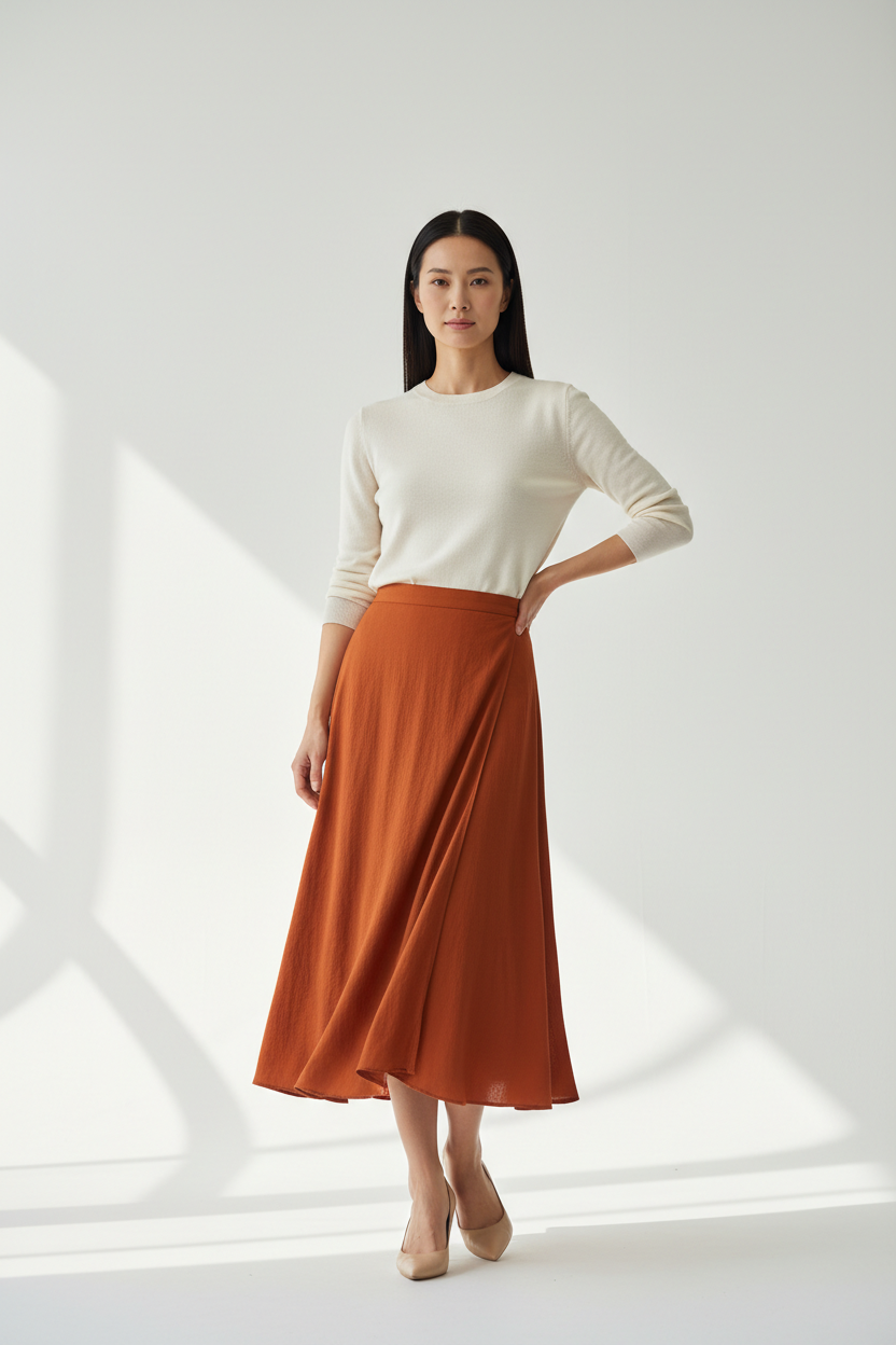 Woman wearing Women's Rust Wrap Midi Skirt