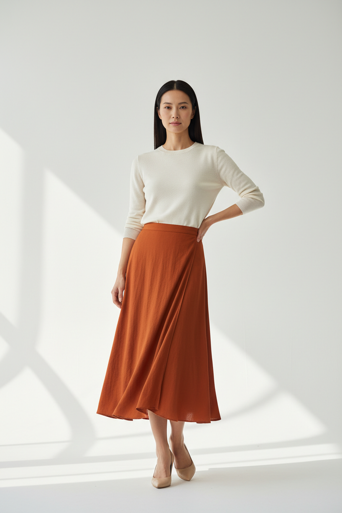 Woman wearing Women's Rust Wrap Midi Skirt