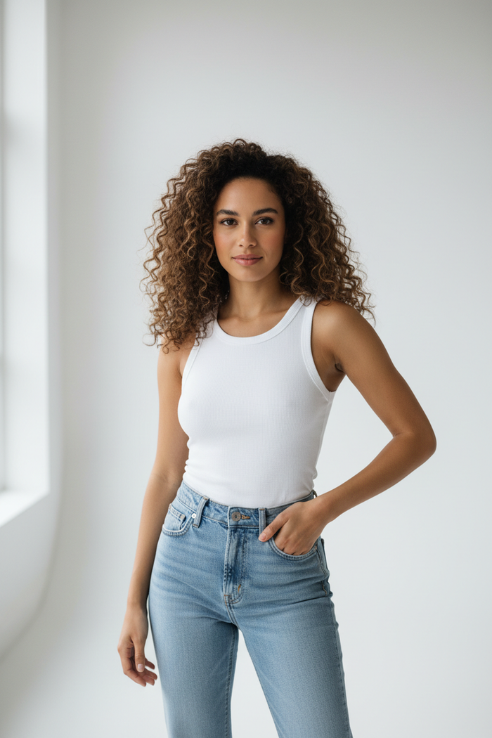 Woman wearing Women's White Ribbed Tank Top