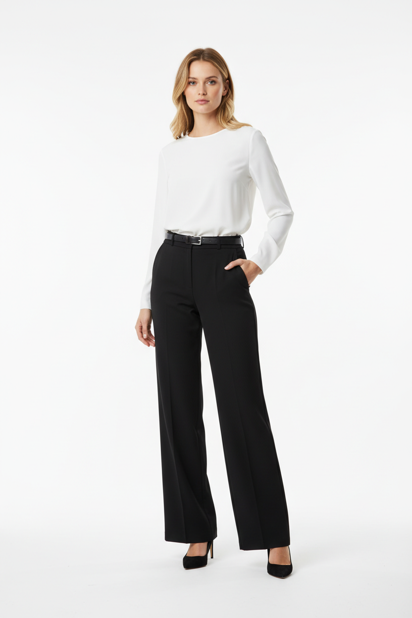 Woman wearing Women's Wide Leg Tailored Trousers in black