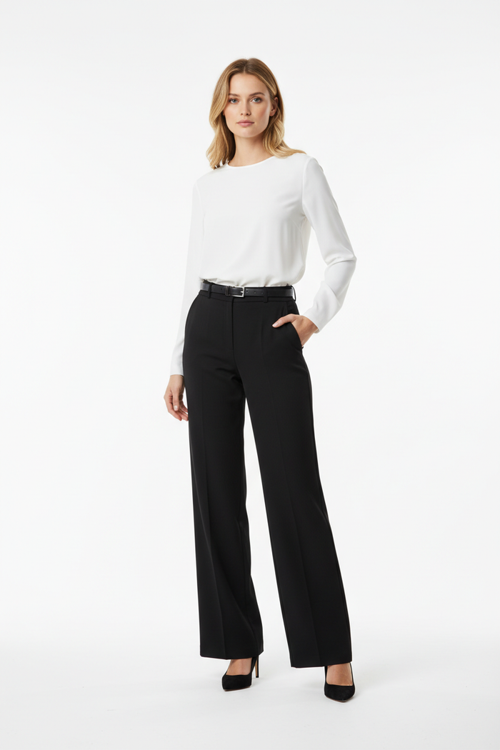 Woman wearing Women's Wide Leg Tailored Trousers in black